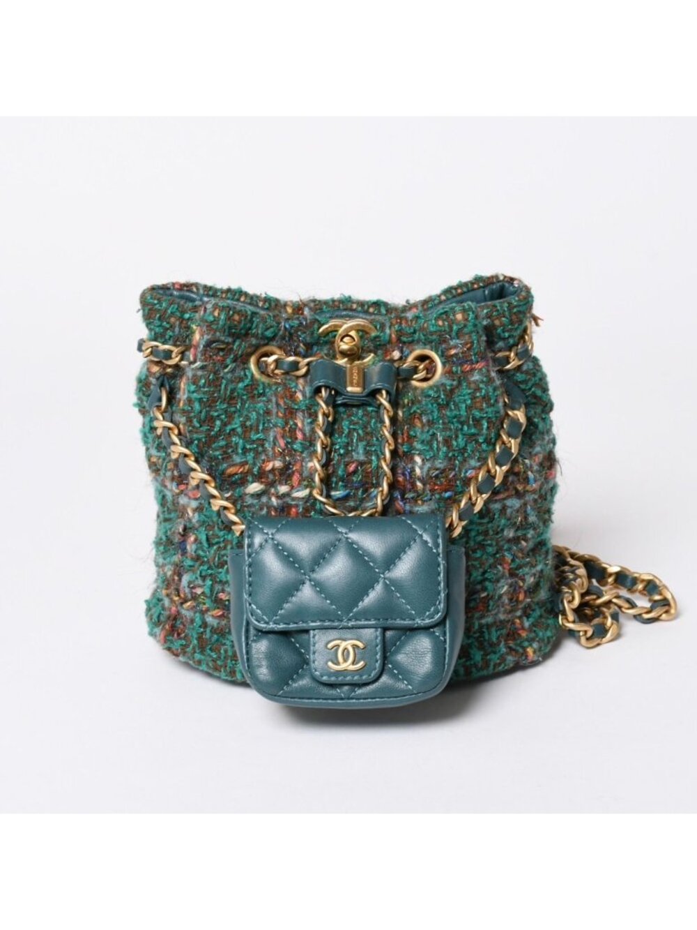 Chanel Small Backpack Base CC Logo Tweed Lambskin Green Gold